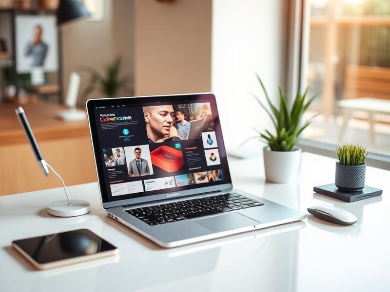 Laptop showing graphic design work on a bright desk