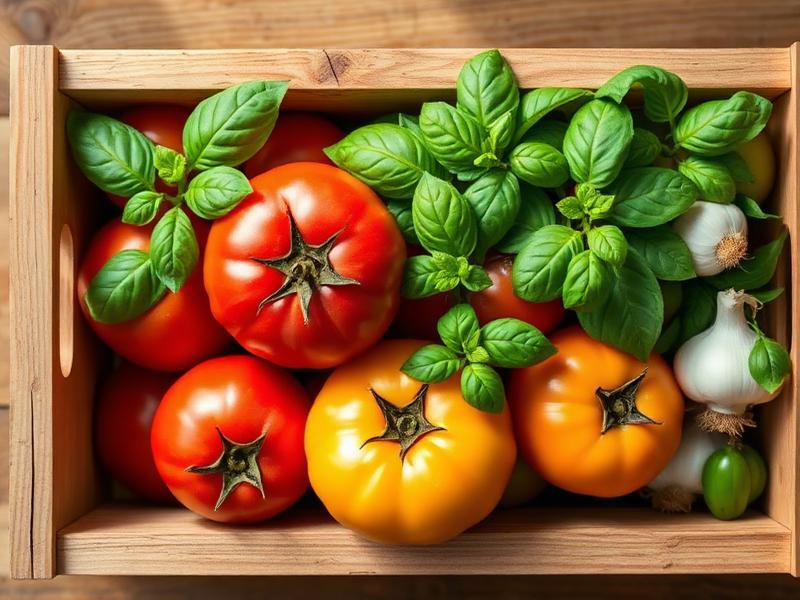 Heirloom tomatoes, basil and garlic in a wooden crate